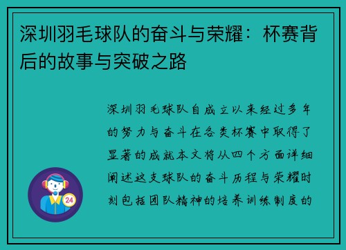 深圳羽毛球队的奋斗与荣耀：杯赛背后的故事与突破之路