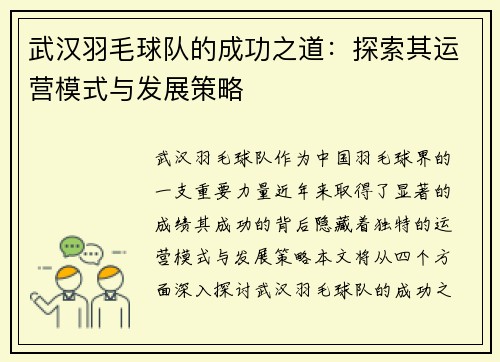 武汉羽毛球队的成功之道：探索其运营模式与发展策略